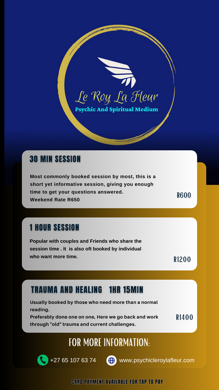 price list for psychic medium readings done by Le Roy La Fleur 